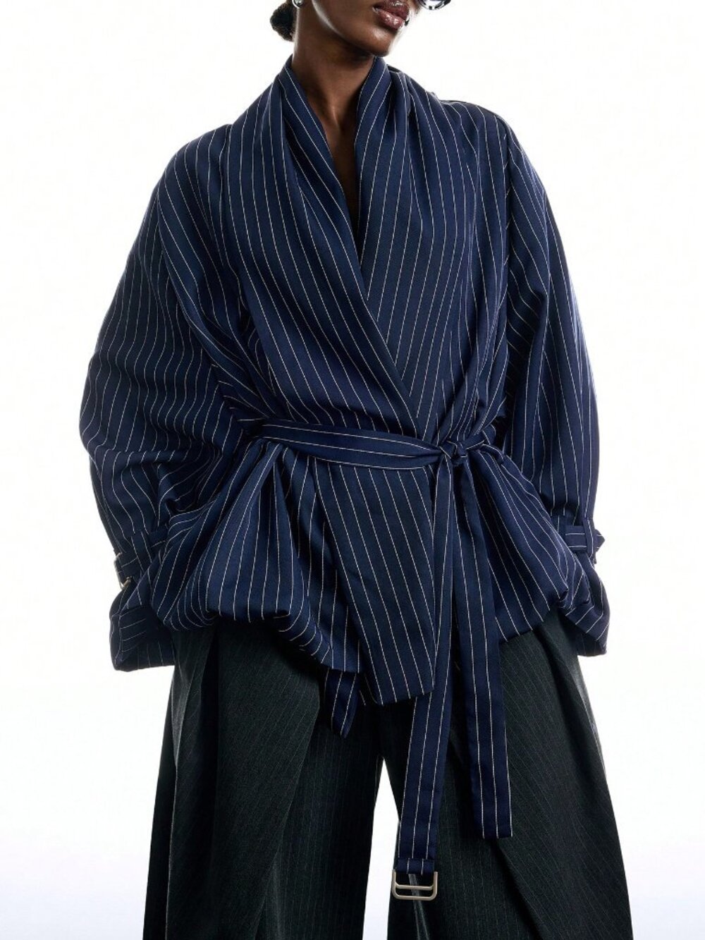 Navy Blue Casual Women's Striped Shoulder Long Sleeve Waist Tie Trench Coat